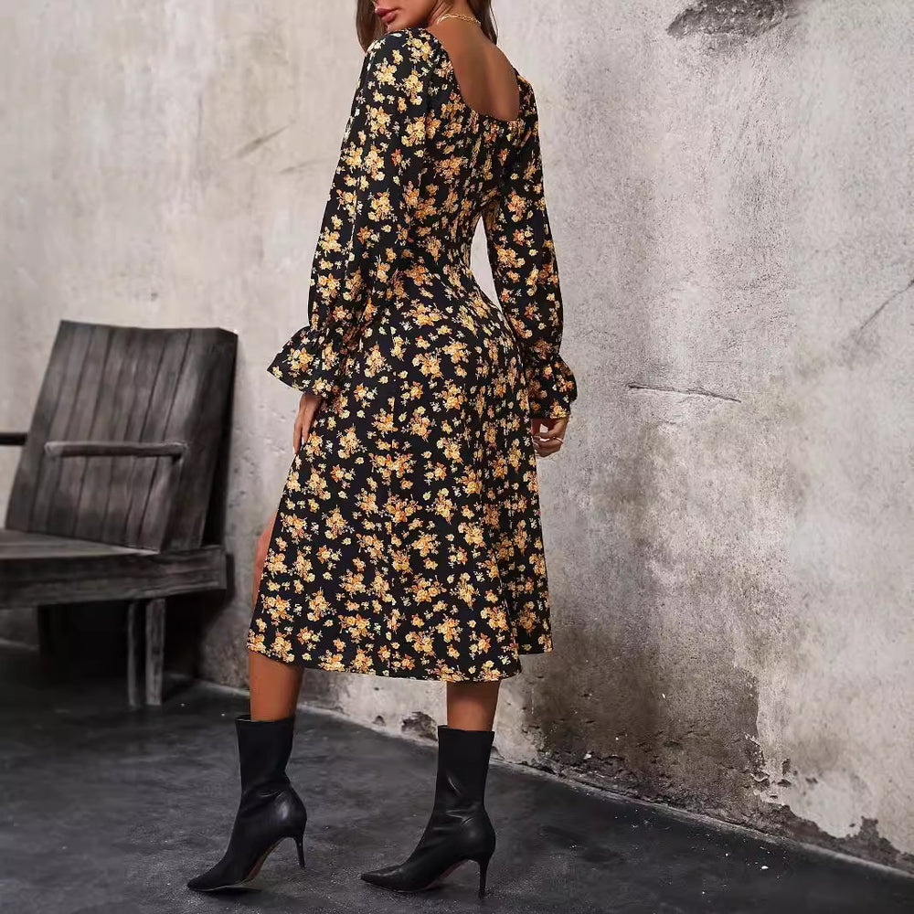 Damen Blütenmuster Maxikleid mit verstellbarem Ausschnitt EB