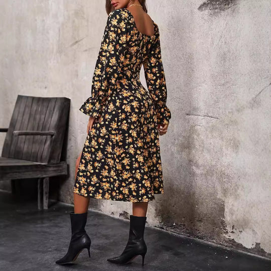 Damen Blütenmuster Maxikleid mit verstellbarem Ausschnitt EB