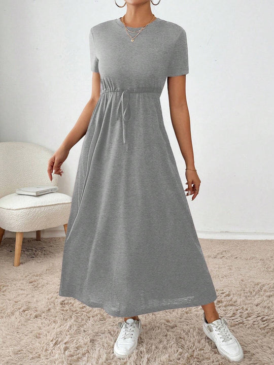 Damen lässiges Maxikleid mit elastischem Taillenbund und Rundhalsausschnitt EB