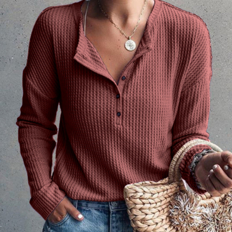 Damen Langarmhemd mit strukturiertem Waffelmuster und modischen Knopfdetails EB