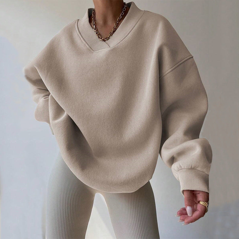 Damen Oversized V-Ausschnitt Sweatshirt mit verstärktem Rippkragen und extraweitem Cut EB