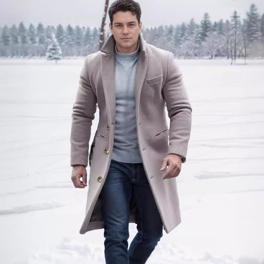 Herren eleganter Wollmantel mit schmalem Schnitt und goldenen Knöpfen EB