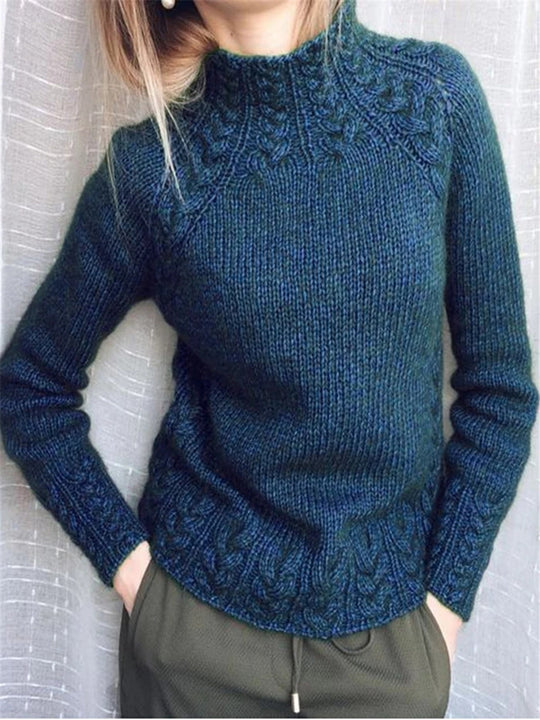 Damen nan grobgestrickter Zopfmuster-Pullover mit Stehkragen und tailliertem Schnitt EB