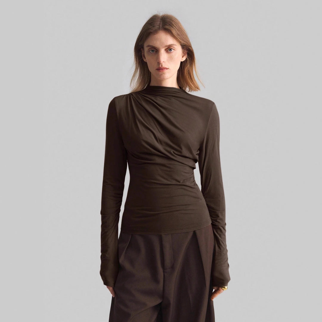 Damen nan schmal geschnittenes Langarmshirt mit asymmetrischer Drapierung und seitlicher Raffung EB