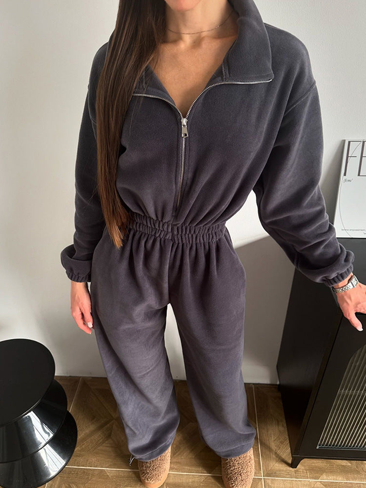 Damen kuscheliger Plüsch-Jumpsuit mit halbem Reißverschluss und elastischer Taille EB