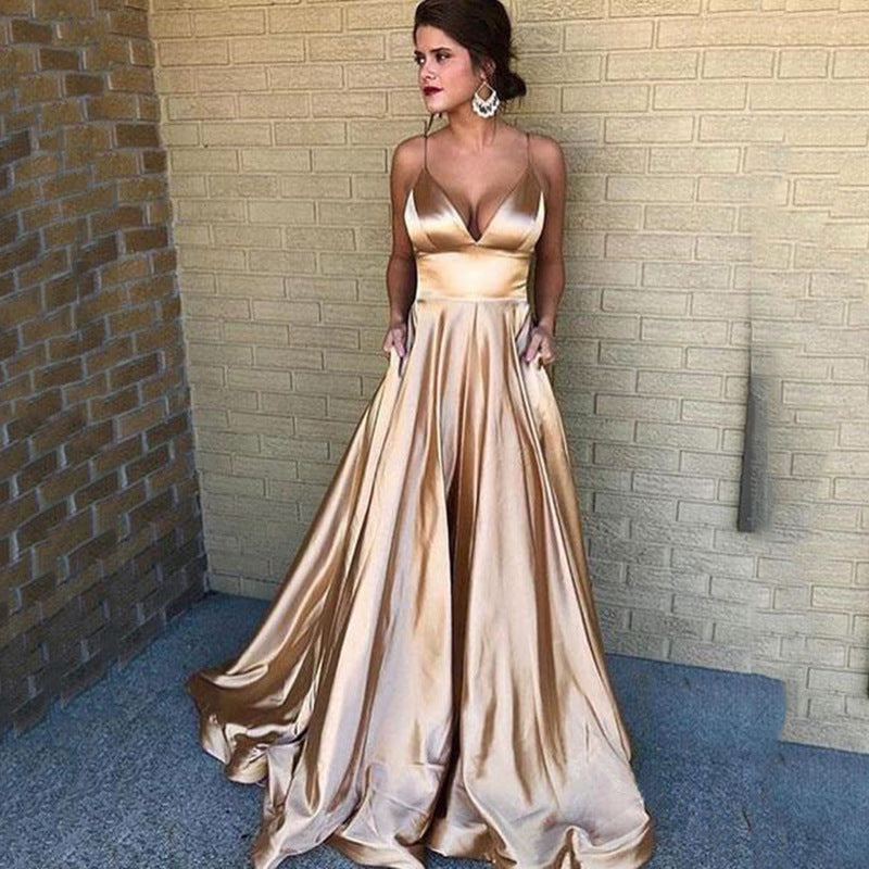 Damen A-Linien Abendkleid mit tiefem Ausschnitt und schmalen Trägern EB