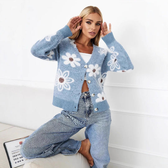 Damen Strickjacke mit floralen Mustern und eleganten Knopfdetails EB