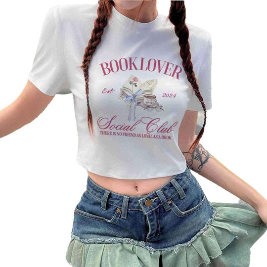 Damen Crop-T-Shirt mit kreativem Buchliebhaber-Design und modernem Aufdruck EB
