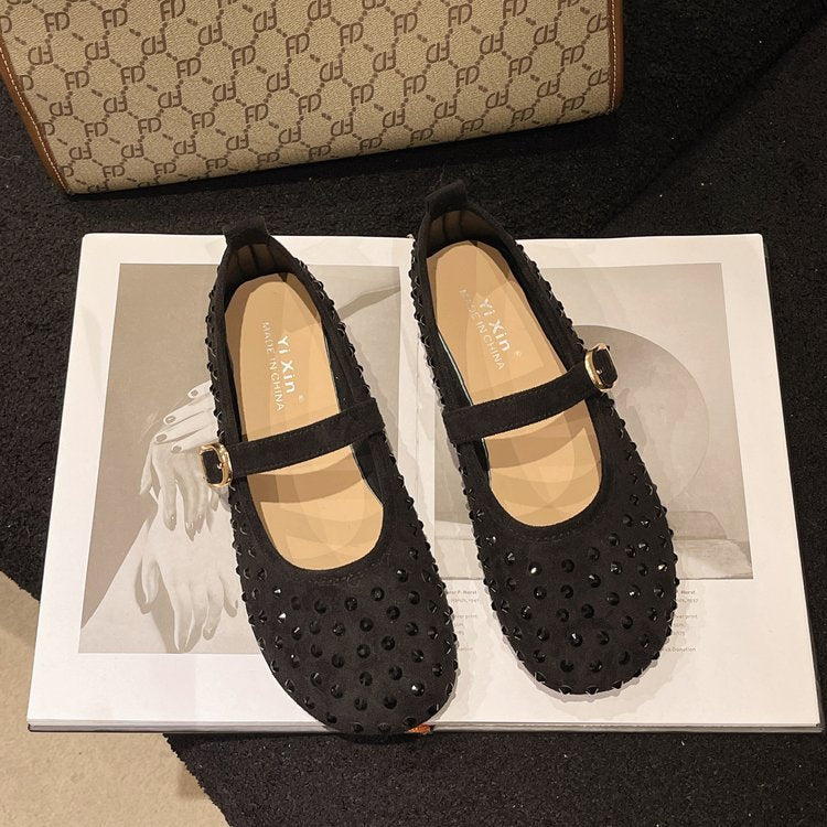 Damen elegante Mary Jane Ballerinas mit dekorativem Riemen und Strassdetails EB