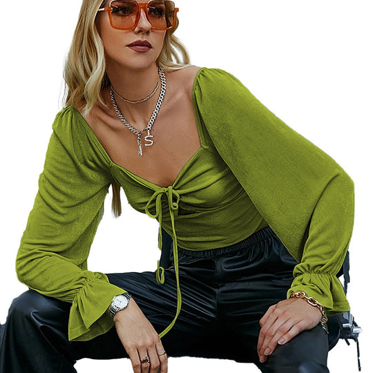Damen gerafftes Crop-Top mit Herz-Bustier, Knoten-Detail und voluminösen Trompetenärmeln Eichborn Berlin