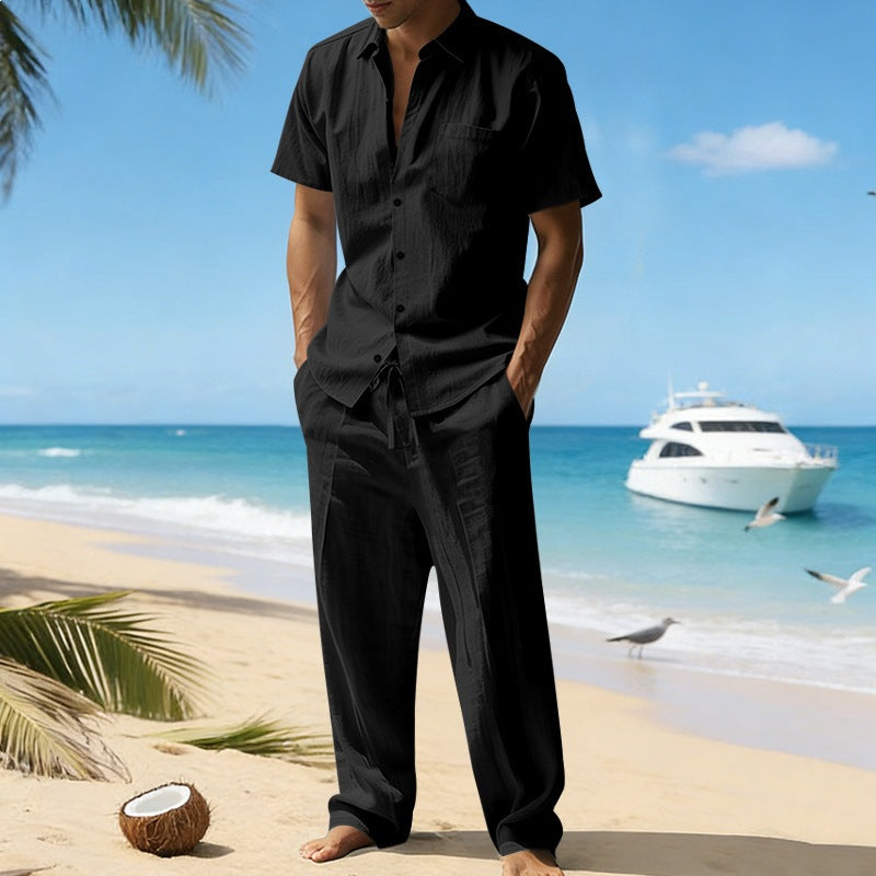 Herren nan resort-taugliches Kurzarm-Hemd mit Brusttasche und lässiger Leinen-Kordelhose EB