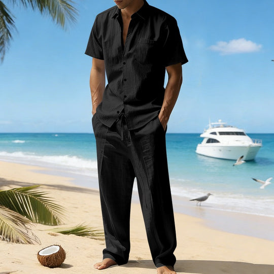Herren nan resort-taugliches Kurzarm-Hemd mit Brusttasche und lässiger Leinen-Kordelhose EB