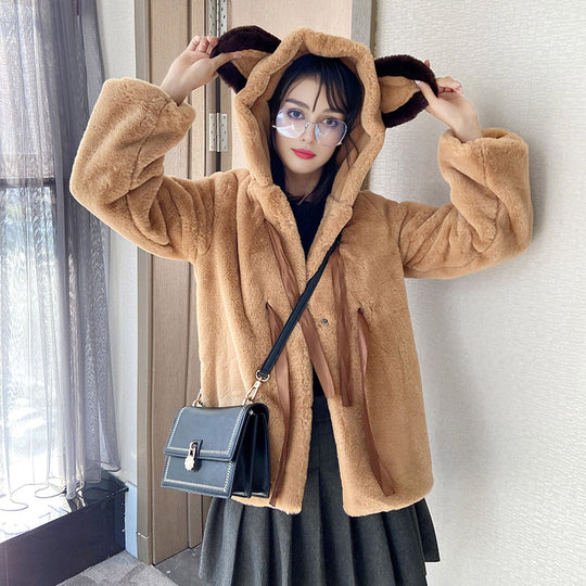 Damen Kuschelige Kunstpelzjacke mit Kapuze und Schleifendetails EB