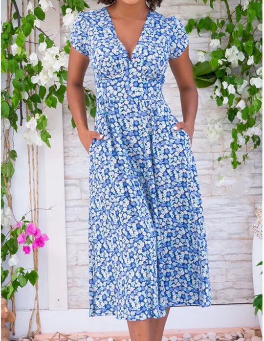 Damen Maxi-Kleid mit floralen Mustern und Taschen EB