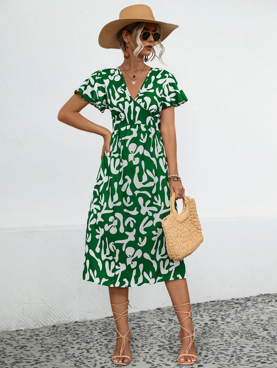 Damen Midi-Kleid mit V-Ausschnitt und fließenden Rüschendetails EB