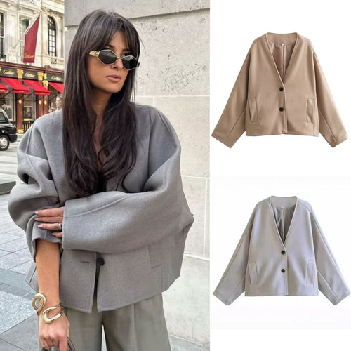 Damen nan oversized V-Neck Kurzjacke aus Wollmix mit Raglanärmeln und aufgesetzten Taschen EB
