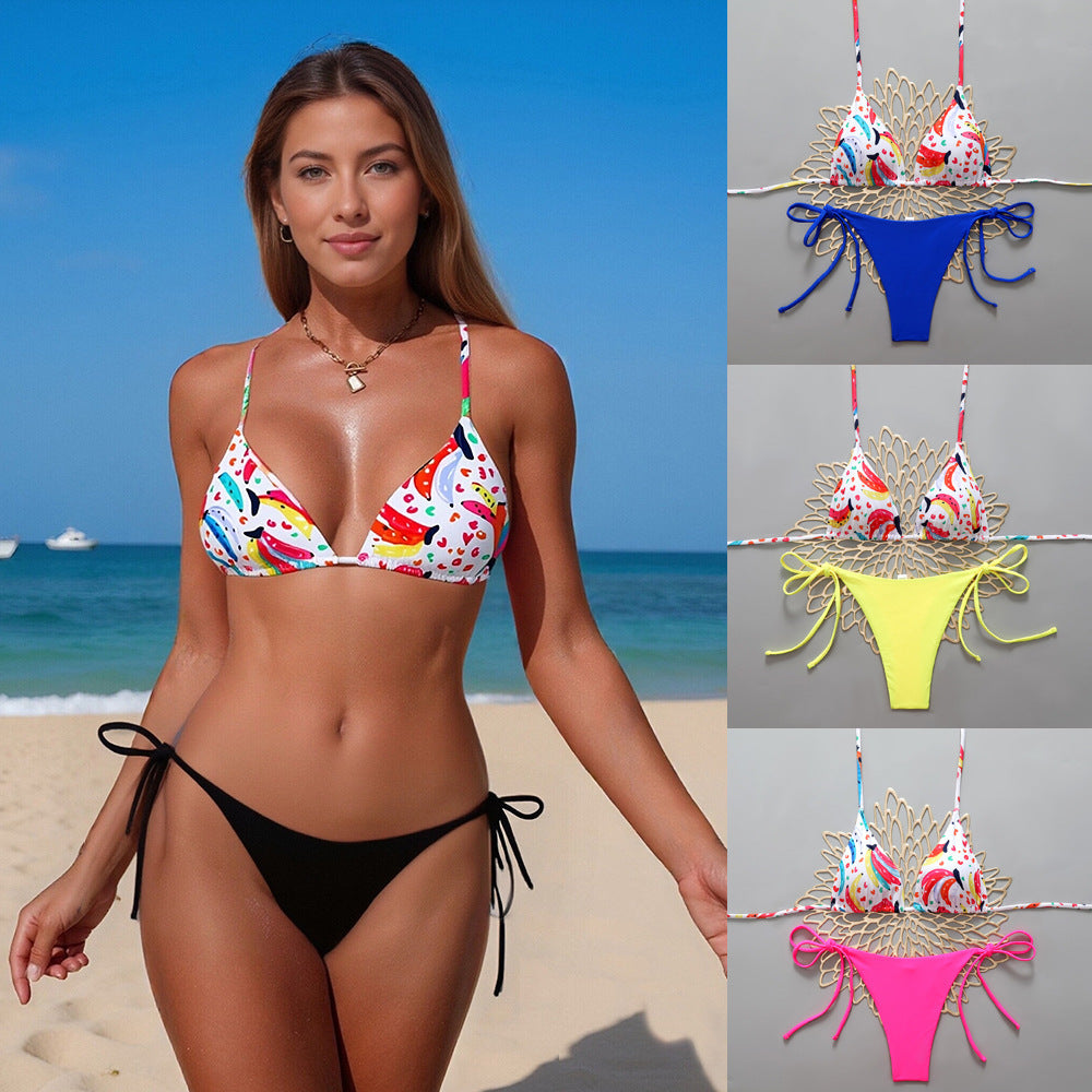 Damen Triangel-Bikini mit buntem Fruchtmuster und verstellbaren Bändern EB
