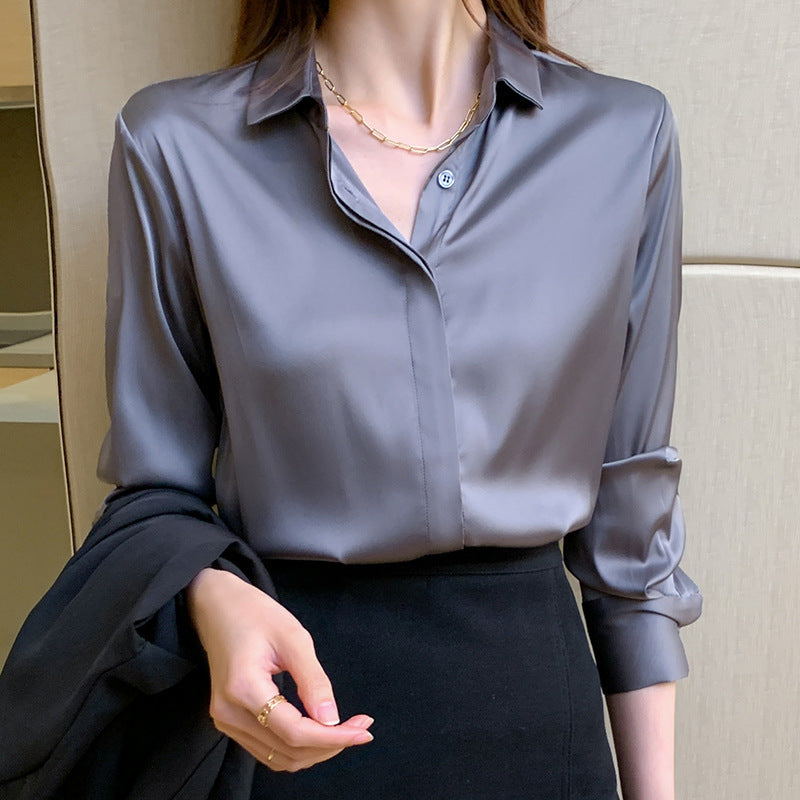 Frauen Luxuriöse Satin Knopf-Oben Bluse EB