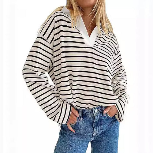 Damen Lässiges gestreiftes Sweatshirt mit V-Ausschnitt und langen Ärmeln EB