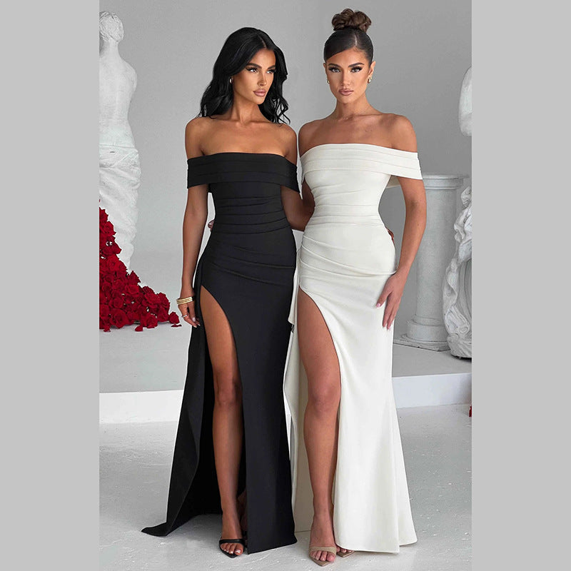 Damen Off-Shoulder Maxikleid mit hohem Schlitz und raffinierten Drapierungen EB