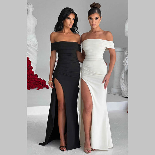 Damen elegantes schulterfreies Wickelkleid mit hohem Schlitz EB