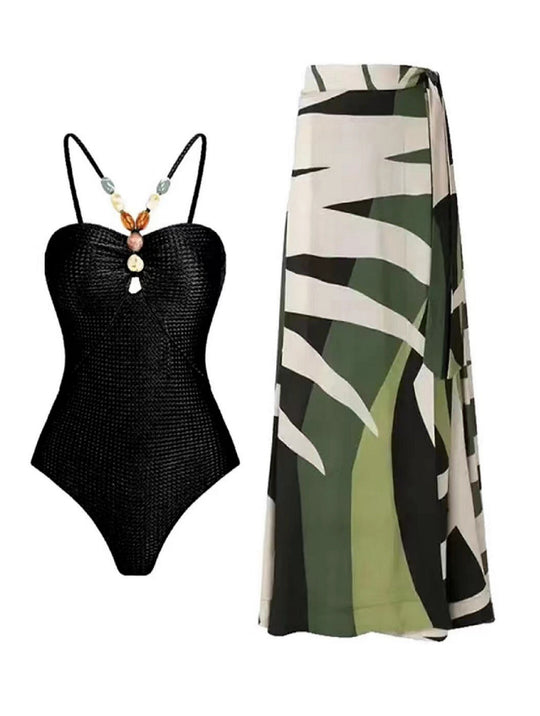 Damen Badeanzug mit trendigem Cut-Out und elegantem Wickelrock EB
