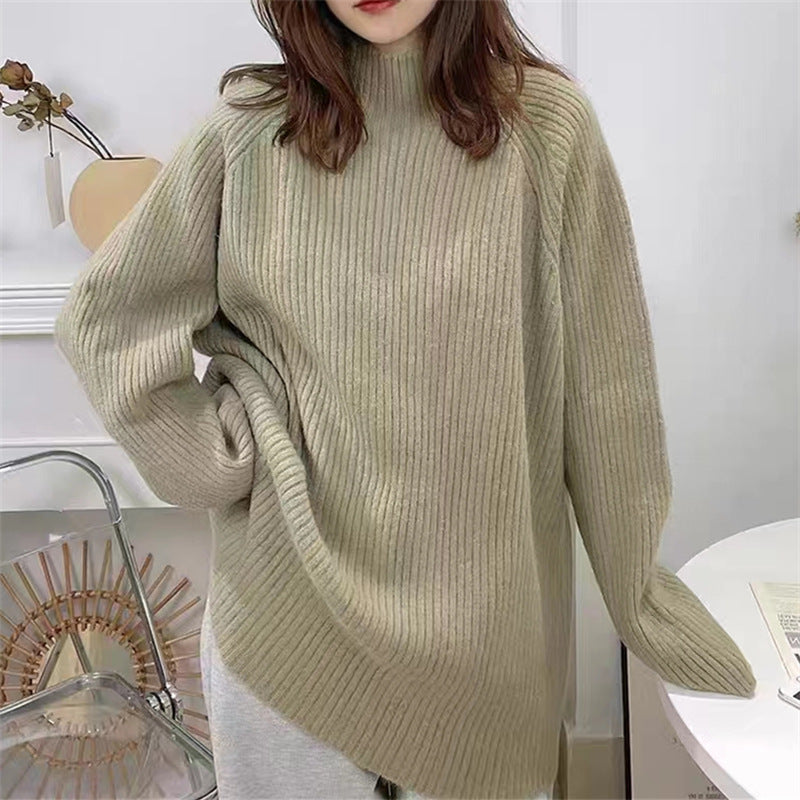 Damen Oversized Strickpullover mit hohem Kragen und feiner Rippstruktur EB