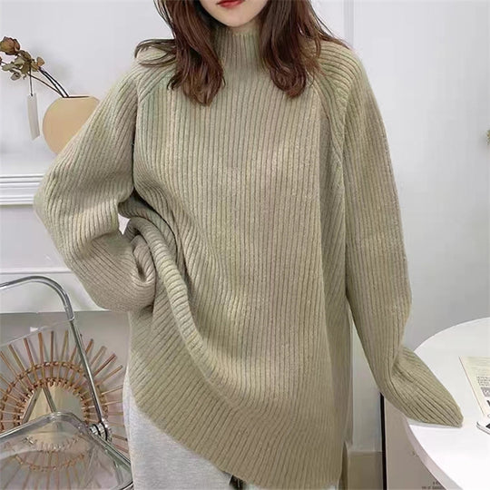 Damen Oversized Strickpullover mit hohem Kragen und feiner Rippstruktur EB