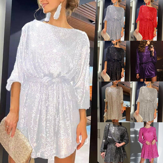 Damen Glamouröses Cocktailkleid mit funkelnden Lurex-Fäden und elastischem Taillengürtel EB