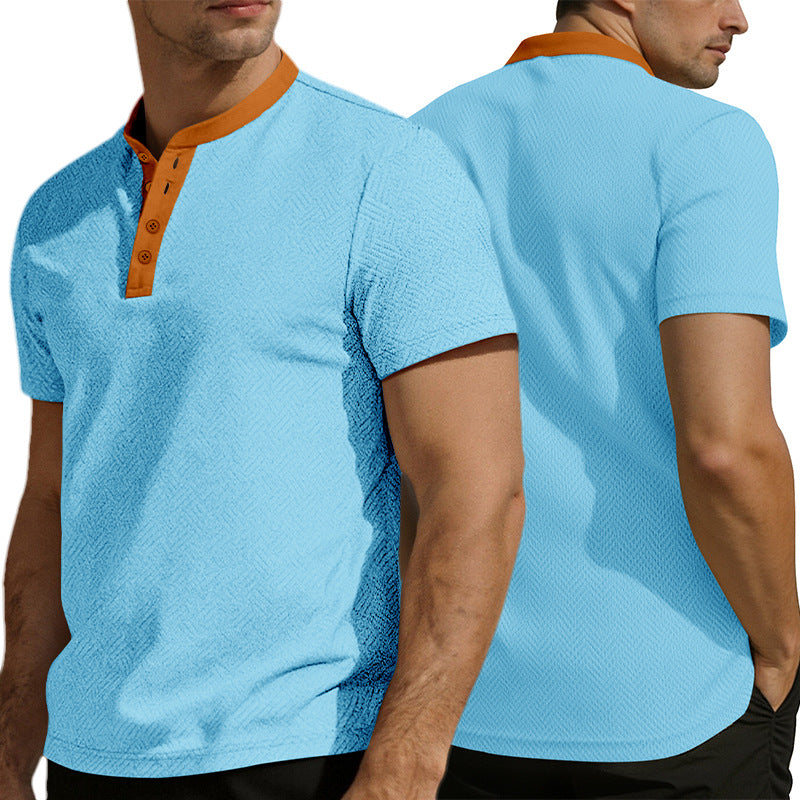 Herren nan schlankes Kurzarm-Henley-Poloshirt mit Mandarin-Kragen und feiner Jacquardstruktur EB
