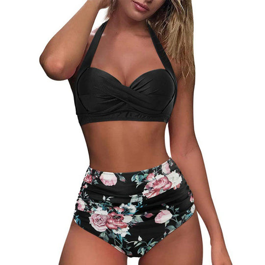 Damen Hochtaillierter Karobikini mit gerafftem Oberteil EB