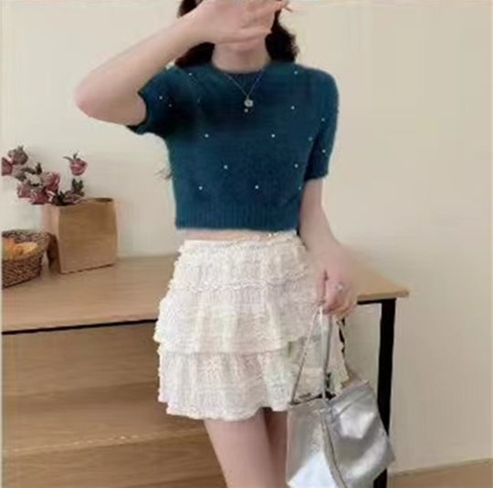 Damen cropped Pullover mit zarten Perlen EB
