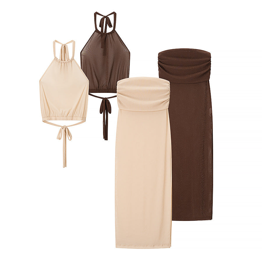 Damen Set aus eleganter Crop-Top und figurbetontem Rock mit Raffungen EB