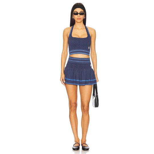 Damen nan gestricktes Sportset mit Neckholder-Croptop und ausgestelltem Faltenminirock EB