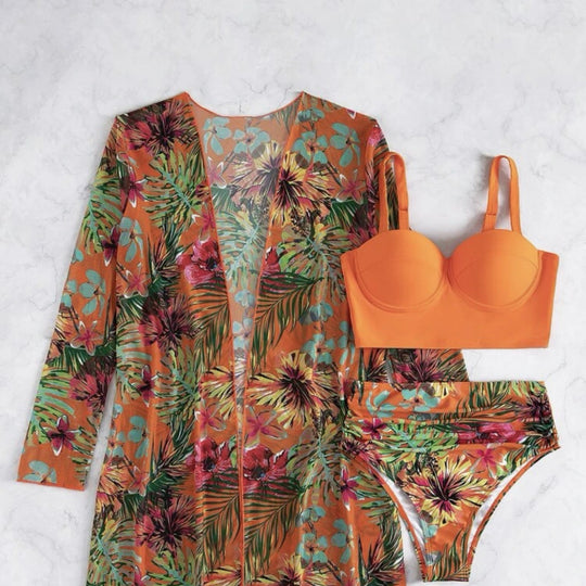 Damen Bikiniset mit floralem Überwurf EB