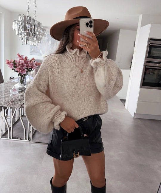 Damen kuscheliger Rollkragenpullover mit weiten Ärmeln und strukturellem Design EB