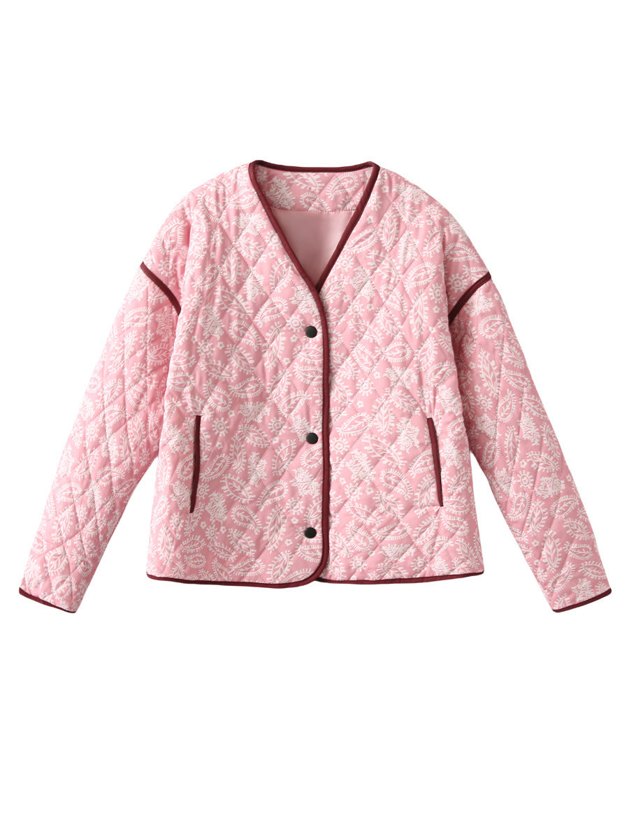 Damen gesteppte Herbstjacke mit einzigartigem floralen Muster und praktischen Taschen EB