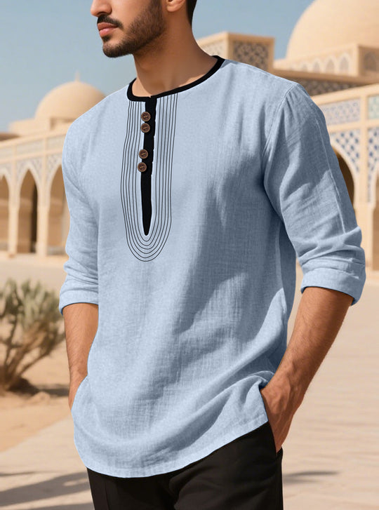 Herren nan lässiges Leinenmix-Langarmshirt mit dekorativer Knopfleiste und Ziersteppung EB