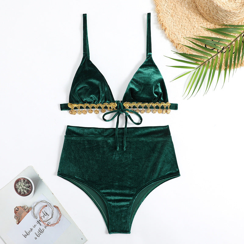 Damen Triangel-Bikini mit luxuriösem Samtstoff und glamourösen Verzierungen EB