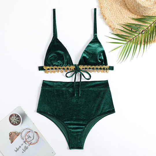 Damen Triangel-Bikini mit luxuriösem Samtstoff und glamourösen Verzierungen EB