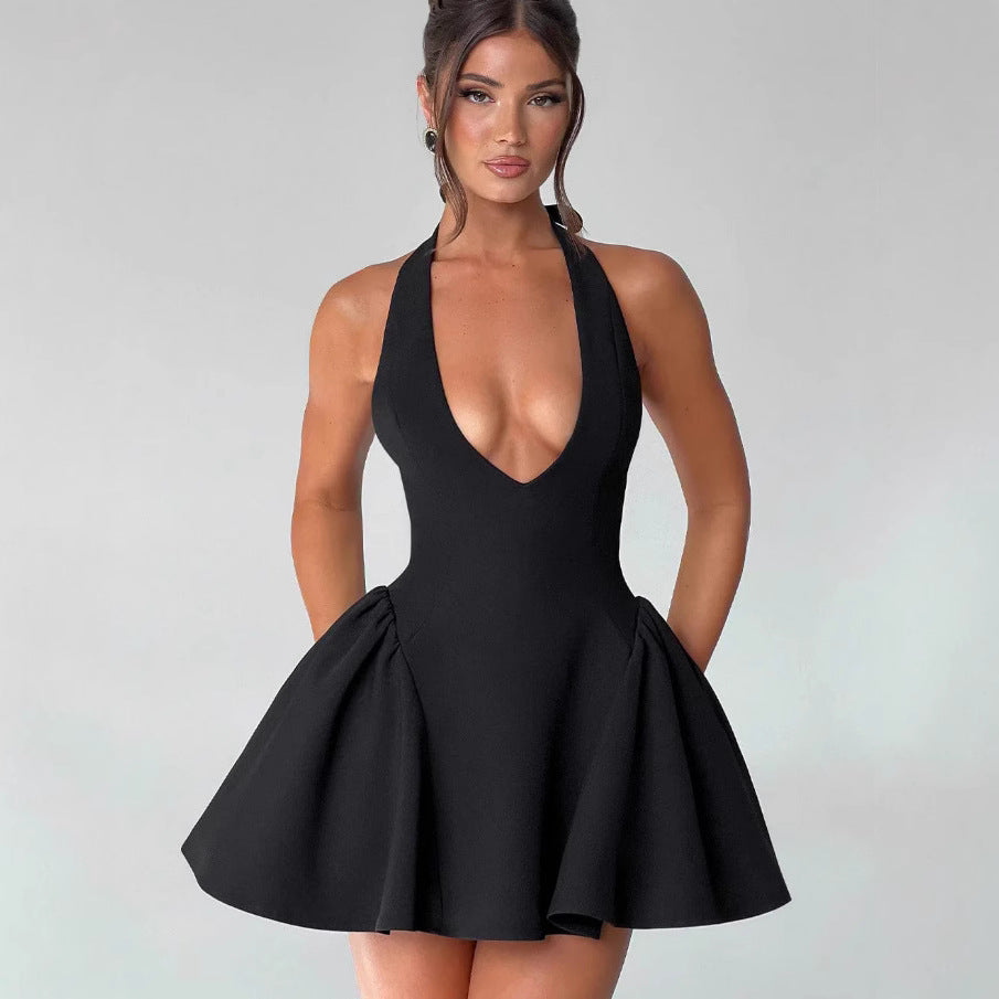 Damen Verspieltes Cocktailkleid mit tiefem V-Ausschnitt und schwingendem Rock EB