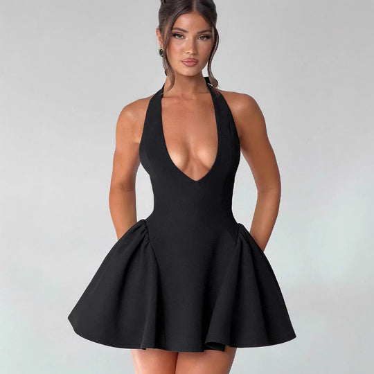Damen Verspieltes Cocktailkleid mit tiefem V-Ausschnitt und schwingendem Rock EB