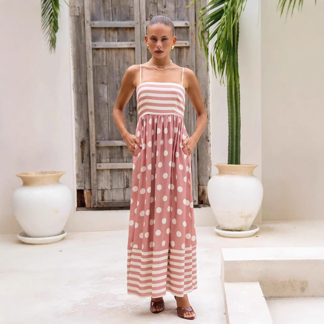 Damen Maxikleid mit gerafftem Oberteil und verspieltem Punkt- und Streifenmuster EB