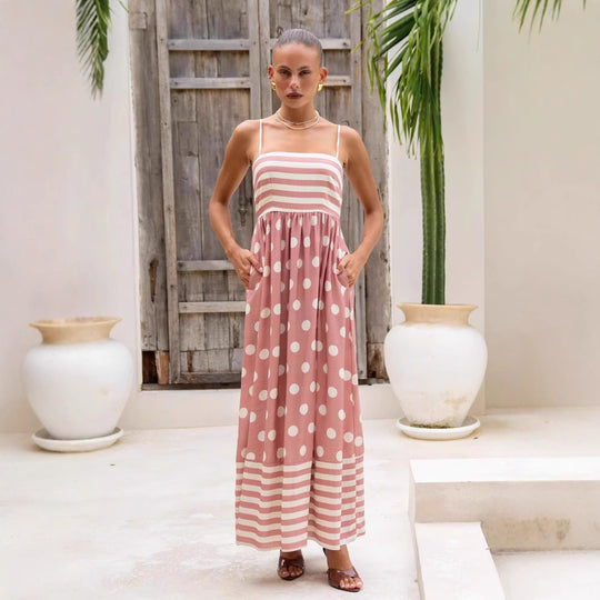 Damen Maxikleid mit gerafftem Oberteil und verspieltem Punkt- und Streifenmuster EB