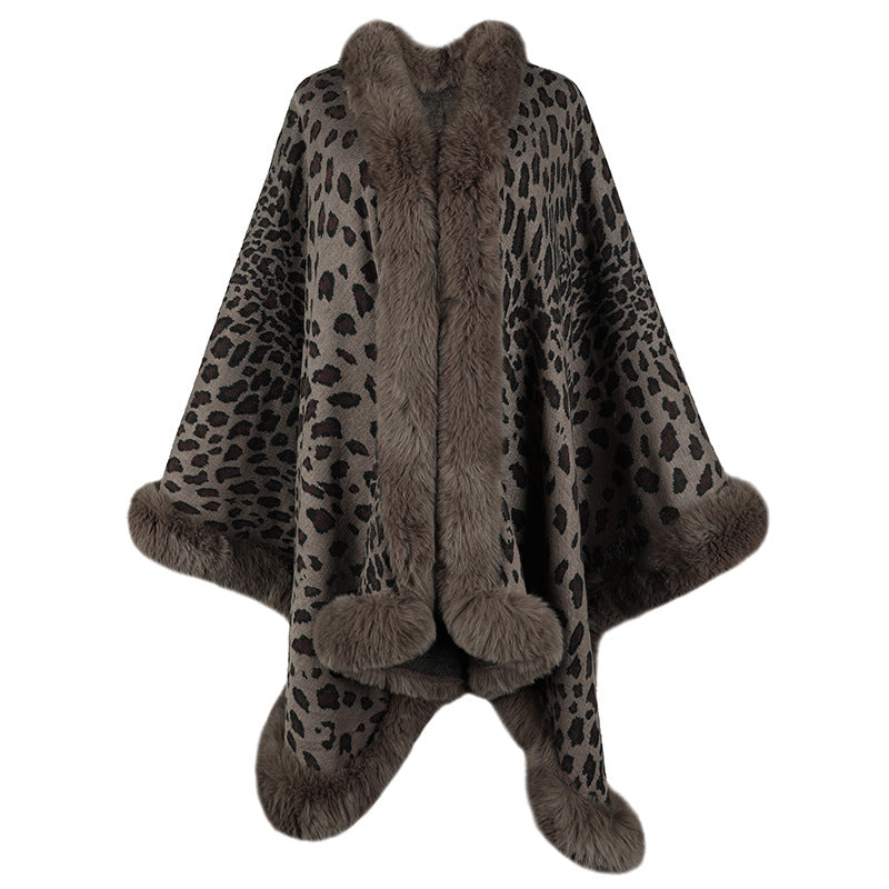 Damen kuscheliger Poncho mit luxuriösem Kunstfellbesatz und Leopardenmuster EB