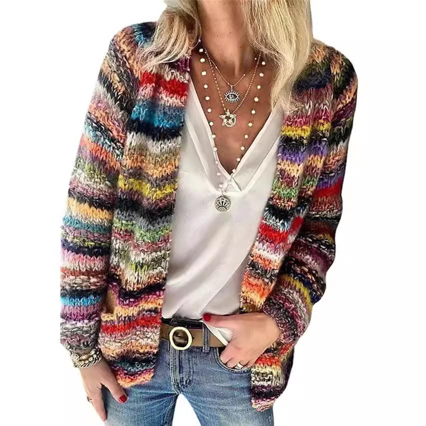 Damen Offen gestrickte Cardigan mit bunten Streifen und lässigem Schnitt EB