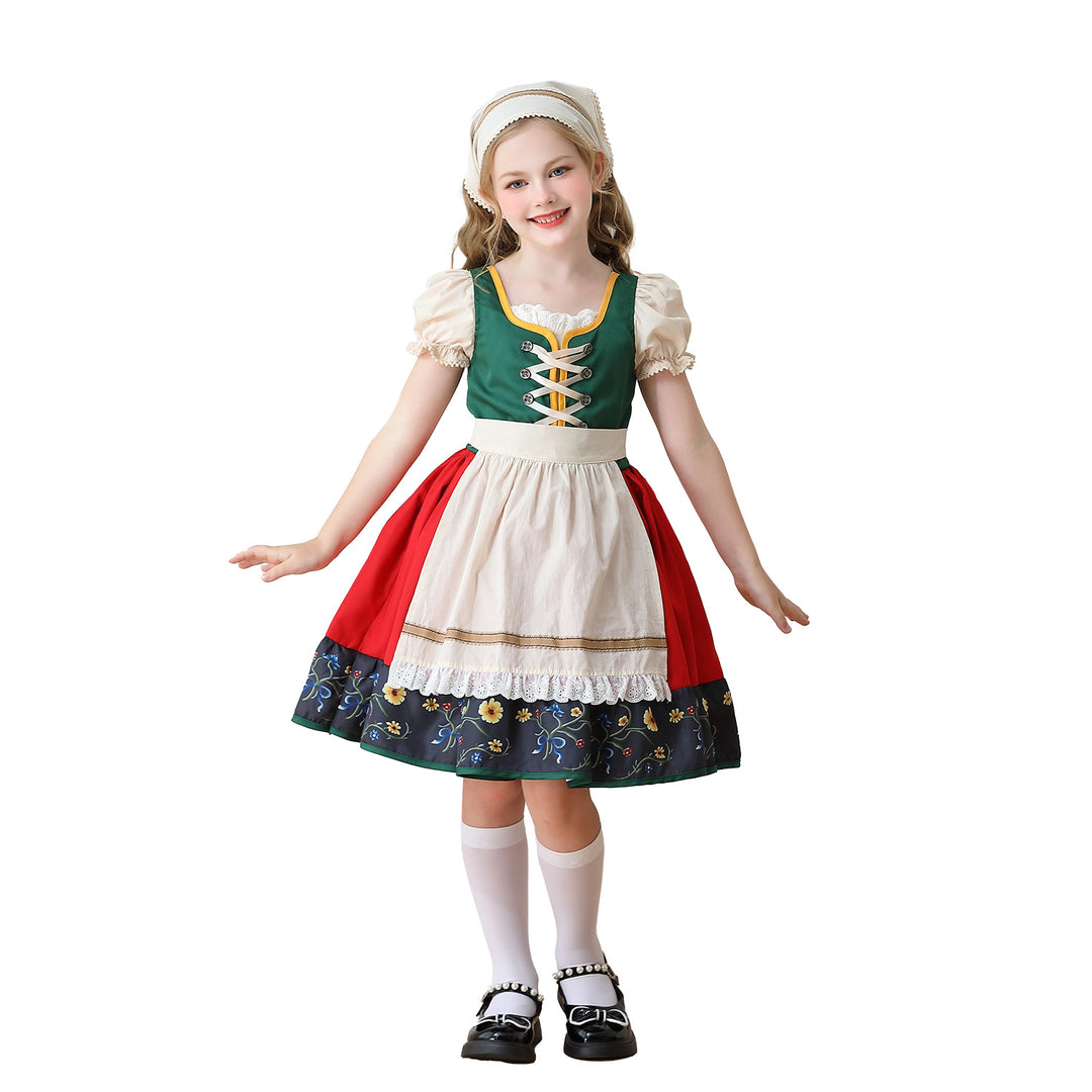 Damen nan traditionelles Kinderdirndl Kleid mit dekorativer Schnürung Schürze und Spitzenkopftuch EB