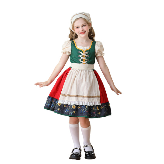 Damen nan traditionelles Kinderdirndl Kleid mit dekorativer Schnürung Schürze und Spitzenkopftuch EB