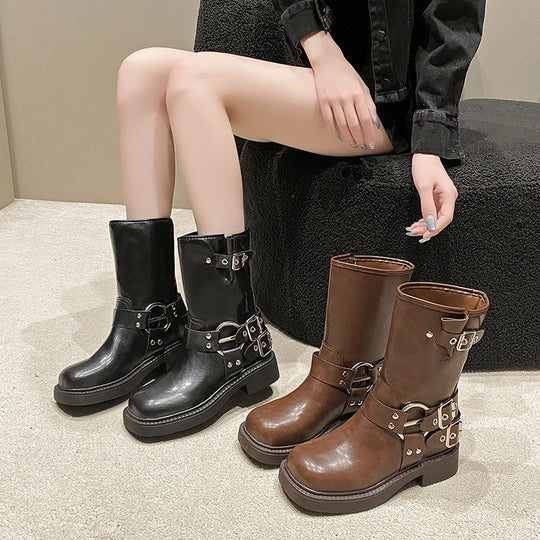 Damen Stiefel mit modischen Schnallen und rutschfester Sohle EB