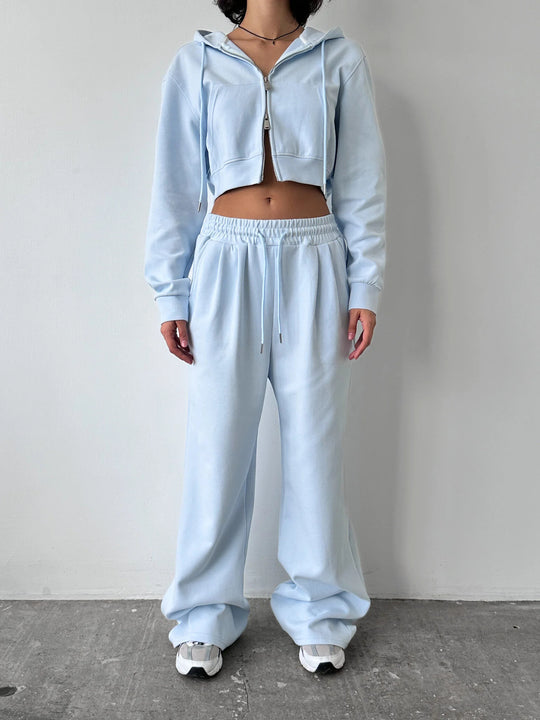 Damen kurzes Zip-Kapuzenjacken- und High-Waist Wide-Leg Jogginghose Set aus weichem French Terry EB